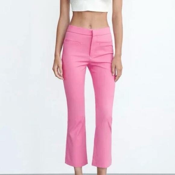 NWT ZARA MINI FLARE CROP PANTS Bubblegum Pink Womens S - Picture 1 of 7
